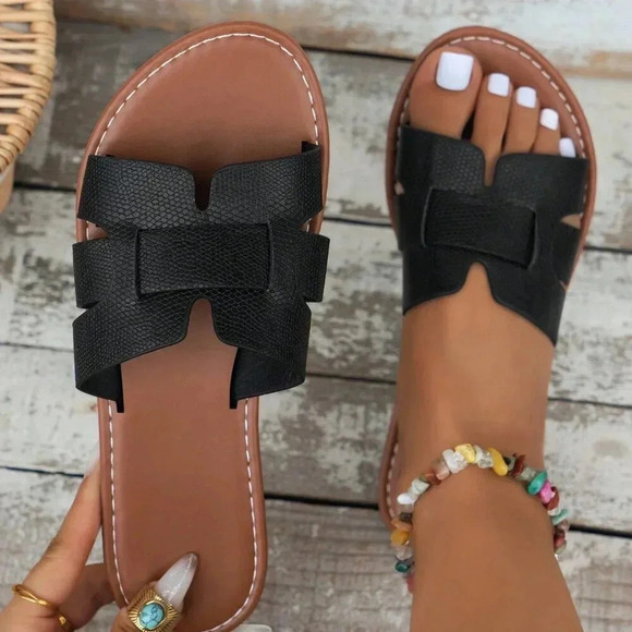 Black Women's Korean Version Flat Sandals Casual Open Toe Slippers - Picture 5 of 5